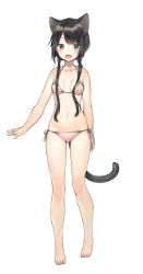 Rule 34 | 1girl, animal ears, barefoot, bikini, black hair, breasts, cat ears, cat tail, cleavage, collarbone, full body, green eyes, long hair, looking at viewer, low twintails, midorikawa you, original, pink bikini, side-tie bikini bottom, simple background, small breasts, solo, standing, swimsuit, tail, twintails, white background