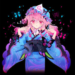 Rule 34 | 1girl, album cover, black bow, blue butterfly, blue hat, blue kimono, blush, bow, bug, butterfly, butterfly on hand, commentary, cover, floating hair, hair between eyes, hands up, hat, insect, japanese clothes, kimono, long hair, long sleeves, looking at viewer, mob cap, parted lips, pink butterfly, pink eyes, pink hair, purple butterfly, saigyouji yuyuko, solo, torii sumi, touhou, triangular headpiece, upper body, waist bow, wide sleeves