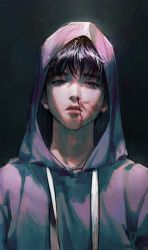 Rule 34 | 1boy, absurdres, black background, black hair, blood, blood on face, closed mouth, dated commentary, drawstring, eggpongg, half-closed eyes, highres, hood, hood up, hoodie, injury, lips, looking at viewer, male focus, nosebleed, original, purple hoodie, purple theme, simple background, solo, upper body