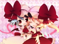Rule 34 | 2girls, ascot, bad id, bad pixiv id, bow, chibi, closed eyes, cuddling, doily, fangs, female focus, flandre scarlet, happy, haru (citron citron), hat, hat bow, heart, highres, holding hands, multiple girls, nervous, no nose, remilia scarlet, short hair, siblings, sisters, surprised, touhou