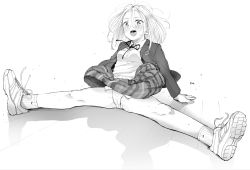 Rule 34 | 1girl, :d, banned artist, bare legs, blazer, blush, collared shirt, greyscale, highres, jacket, long hair, looking at viewer, making-of available, masuda (yousaytwosin), miniskirt, monochrome, neck ribbon, open clothes, open jacket, open mouth, original, panties, pantyshot, pleated skirt, ribbon, school uniform, shirt, shoes, signature, skirt, smile, socks, solo, split, sweater vest, underwear, wind, wind lift, wing collar