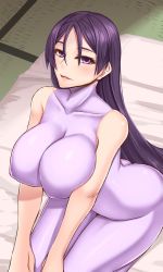 Rule 34 | 1girl, akitsuki karasu, ass, bare arms, bare shoulders, blush, breasts, butt crack, cleavage, collarbone, commentary request, covered erect nipples, fate/grand order, fate (series), futon, highres, large breasts, long hair, looking at viewer, minamoto no raikou (fate), parted lips, purple eyes, purple hair, seiza, sitting, skin tight, smile, solo, unitard, very long hair