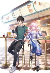 Rule 34 | 1boy, 1girl, :q, bare shoulders, belt, black hair, black leggings, black shirt, black shorts, blue eyes, blue jacket, blue skirt, bracelet, breasts, burger, checkered floor, chicken leg, chicken sandwich, closed mouth, cowboy shot, cup, dan heng (feast) (honkai: star rail), dan heng (honkai: star rail), drinking straw, earrings, flower ornament, food, french fries, fried chicken, full body, gradient jacket, gradient skirt, green shirt, hair between eyes, hand in pocket, high belt, holding, holding cup, holding drinking straw, holding food, honkai: star rail, honkai (series), indoors, jacket, jewelry, layered skirt, leggings, long hair, long skirt, long sleeves, looking at viewer, march 7th (feast) (honkai: star rail), march 7th (honkai: star rail), medium breasts, medium hair, menu, multicolored eyes, official alternate costume, official art, one eye closed, pink eyes, pink hair, plate, purple belt, purple jacket, purple skirt, ribbed sweater, shirt, short hair, short sleeves, shorts, single earring, sitting, skirt, sleeveless, sleeveless sweater, sleeveless turtleneck, smile, stool, sweater, table, thigh strap, tongue, tongue out, turtleneck, turtleneck sweater, two-tone shirt, undershirt, variant set, white shirt, white skirt, white sleeves, white sweater