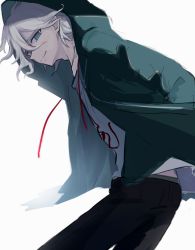 Rule 34 | 1boy, ahoge, black pants, commentary request, danganronpa (series), danganronpa 2: goodbye despair, from side, green jacket, grey hair, grey shirt, hands in pockets, highres, hood, hood up, iumi urura, jacket, komaeda nagito, long sleeves, looking at viewer, looking to the side, male focus, open clothes, open jacket, pants, print shirt, shirt, simple background, sketch, smile, solo, white background