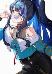 Rule 34 | 1girl, absurdres, alternate hairstyle, black hair, black shorts, blue eyes, blue hair, blue nails, colored inner hair, fate/grand order, fate (series), felnemo, highres, long hair, looking over eyewear, multicolored hair, ponytail, shorts, smile, sparkle, studded bracelet, sunglasses, tenochtitlan (fate), tenochtitlan (second ascension) (fate), white background