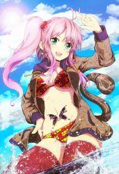 Rule 34 | 1girl, ahoge, bikini, boned meat, breasts, bug, butterfly, cloud, day, dutch angle, earrings, fang, food, green eyes, hair bobbles, hair ornament, highres, hood, hoodie, bug, jewelry, large breasts, long hair, meat, navel, open clothes, original, pink hair, side ponytail, sky, solo, sun, swimsuit, tail, tanashi (mk2), tattoo, thighhighs, underboob, water