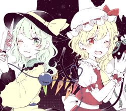 Rule 34 | 2girls, alternate hair length, alternate hairstyle, ascot, black headwear, commentary request, crystal, earrings, fangs, flandre scarlet, green nails, hat, heart, heart earrings, heart of string, holding, holding knife, jewelry, knife, komeiji koishi, laevatein (touhou), long hair, long sleeves, mob cap, mozukuzu (manukedori), multiple girls, nail polish, one eye closed, one side up, open mouth, red nails, red vest, shirt, short sleeves, smile, star (symbol), starry background, third eye, touhou, upper body, vest, white headwear, white shirt, wings, wrist cuffs, yellow ascot, yellow shirt