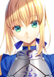 Rule 34 | 1girl, armor, artoria pendragon (all), artoria pendragon (fate), blonde hair, blue ribbon, blunt bangs, fate/stay night, fate (series), hair between eyes, hair ribbon, head tilt, hoshi ichi, looking at viewer, parted lips, portrait, ribbon, saber (fate), short hair with long locks, sidelocks, solo, white background
