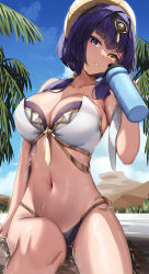 Rule 34 | 1girl, absurdres, bare shoulders, bikini, blue eyes, blue sky, blush, bottle, breasts, candace (genshin impact), chain, cleavage, cowboy shot, crescent, dark-skinned female, dark skin, day, eye of horus, genshin impact, gold chain, gold trim, hair intakes, heterochromia, highres, holding, holding bottle, large breasts, looking at viewer, mismatched bikini, navel, outdoors, palm tree, parted lips, purple hair, short hair with long locks, sidelocks, skai kun, sky, solo, stomach, sweat, swimsuit, thighs, tree, water, water bottle, wet, white bikini, yellow eyes