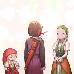 Rule 34 | 1boy, 2girls, blonde hair, blood, blush, bracelet, braid, breasts, closed mouth, dragon quest, dragon quest xi, dress, earrings, green hairband, hair over shoulder, hairband, hat, hero (dq11), highres, jewelry, jun (navigavi), long hair, long sleeves, multiple girls, necklace, nosebleed, open mouth, puffy sleeves, purple eyes, red headwear, senya (dq11), short sleeves, simple background, small breasts, smile, sword, twin braids, veronica (dq11), weapon, white background
