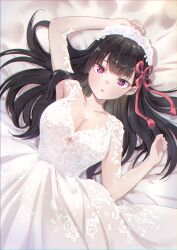 Rule 34 | 1girl, absurdres, arms up, black hair, blunt bangs, breasts, chromatic aberration, cleavage, collarbone, dress, formal, hairband, highres, large breasts, long hair, looking at viewer, lying, mato seihei no slave, monane4, on back, open mouth, purple eyes, ribbon, solo, upper body, wedding dress, white dress, white hairband, yamashiro ren