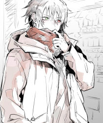 Rule 34 | 1boy, black hair, covering own mouth, green eyes, heterochromia, hood, hood down, hypnosis mic, jacket, kisaragi koubana, long sleeves, looking to the side, male focus, red eyes, red jacket, red scarf, scarf, shirt, sketch, solo, white background, white shirt, yamada ichiro