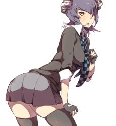 Rule 34 | 10s, 1girl, black thighhighs, checkered clothes, checkered necktie, checkered neckwear, fingerless gloves, ge-b, gloves, hair ribbon, headgear, kantai collection, leaning forward, loose necktie, necktie, purple hair, ribbon, shorts, skirt, sleeves rolled up, solo, tears, tenryuu (kancolle), thighhighs, yellow eyes