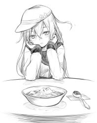 Rule 34 | 10s, 1girl, anchor symbol, blush, head rest, facing viewer, food, gou (double trigger), greyscale, hair between eyes, hammer and sickle, hands on own cheeks, hands on own face, hat, head tilt, hibiki (kancolle), kantai collection, long hair, looking at viewer, monochrome, open mouth, school uniform, simple background, sitting, sketch, solo, spoon, uniform, verniy (kancolle), white background