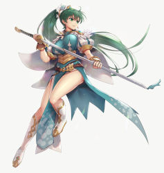 Rule 34 | 1girl, boots, breasts, cape, commentary request, earrings, feather trim, fingerless gloves, fire emblem, fire emblem: the blazing blade, fire emblem heroes, full body, gloves, gonzarez, green eyes, green hair, grey background, hair ornament, highres, holding, holding sword, holding weapon, jewelry, knee boots, large breasts, lips, long hair, looking away, lyn (fire emblem), nintendo, parted lips, pelvic curtain, ponytail, puffy short sleeves, puffy sleeves, sheath, shiny skin, short sleeves, simple background, solo, striped, sword, thighs, vertical stripes, weapon