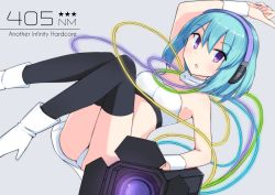 Rule 34 | 1girl, 405nm, :o, ankle boots, arm up, armpits, bad id, bad pixiv id, bare shoulders, beatmania, beatmania iidx, bemani, black thighhighs, blue hair, blush, boots, collarbone, eyebrows, grey background, headphones, high heel boots, high heels, highres, looking at viewer, open mouth, parted lips, purple eyes, seedflare, short hair, simple background, solo, sweatband, tareme, thighhighs