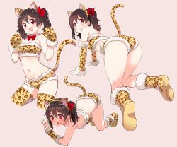 Rule 34 | 1girl, all fours, animal ears, animal print, ass, bare shoulders, black hair, boots, bow, bowtie, cat ears, cat tail, cropped legs, detached collar, detached sleeves, gloves, hair bow, kurokawa makoto, leopard print, long hair, love live!, love live! school idol project, multiple views, navel, open mouth, pink background, red eyes, red neckwear, simple background, stomach, strapless, tail, thighhighs, twintails, yazawa nico, yellow footwear, yellow gloves, yellow thighhighs