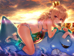 Rule 34 | 10s, 1girl, ass, backlighting, bad id, bad pixiv id, bare shoulders, bikini, blonde hair, blue footwear, blush, boots, ccc, cloud, cloudy sky, commentary request, crown, from side, full body, hair ornament, inflatable toy, kafuru (senran kagura), long hair, looking at viewer, lying, ocean, outdoors, red eyes, senran kagura, side-tie bikini bottom, sky, solo, sunset, swimsuit, water, wet, white bikini
