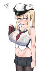Rule 34 | 1girl, absurdres, adapted costume, black pantyhose, black skirt, blonde hair, bra visible through clothes, breasts, cowboy shot, crop top, graf zeppelin (kancolle), grey eyes, hair between eyes, hat, highres, kantai collection, large breasts, maru (marg0613), microskirt, midriff, navel, necktie, one-hour drawing challenge, pantyhose, peaked cap, pleated skirt, red necktie, sailor collar, sailor shirt, shirt, sidelocks, simple background, skirt, sleeveless, sleeveless shirt, solo, twintails, two-tone necktie, white background, white hat, white sailor collar