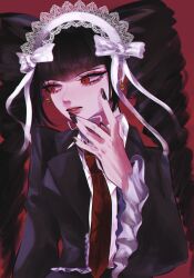 Rule 34 | 1girl, absurdres, black hair, black jacket, blunt bangs, celestia ludenberg, collared shirt, commentary request, danganronpa: trigger happy havoc, danganronpa (series), drill hair, earrings, frilled jacket, frills, gothic lolita, hand up, headdress, highres, jacket, jewelry, kamin (0428hopelove), lolita fashion, long sleeves, looking to the side, necktie, open clothes, open jacket, red background, red eyes, red necktie, shirt, solo, twin drills, twintails