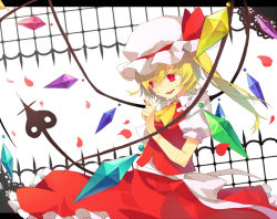 Rule 34 | 1girl, bad id, bad pixiv id, blonde hair, blouse, collared shirt, female focus, flandre scarlet, hair between eyes, hat, letterboxed, mob cap, red eyes, shion (mamuring), shionty, shirt, side ponytail, solo, touhou, white shirt, wings