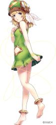 Rule 34 | 1girl, absurdres, bare shoulders, barefoot, blonde hair, blue eyes, breasts, copyright name, dress, feathers, feet, full body, green dress, hand on own chest, hat, highres, long hair, looking at viewer, looking back, official art, parted lips, short dress, simple background, sleeveless, sleeveless dress, small breasts, soles, solo, standing, valkyrie anatomia, valkyrie profile (series), white background