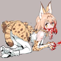 Rule 34 | 10s, 1girl, all fours, animal ears, bad id, bad twitter id, blonde hair, blood, blood on face, bright pupils, cannibalism, cat ears, cat tail, eating, elbow gloves, gloves, guro, kemono friends, looking at viewer, monster girl, osakana (denpa yun&#039;yun), pantyhose, print skirt, serval (kemono friends), serval print, serval tail, severed limb, short hair, simple background, sketch, skirt, solo, tail, yellow eyes