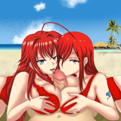 Rule 34 | 1boy, 2girls, absurdres, ahoge, beach, blue sky, breasts, cloud, color connection, cooperative paizuri, crossover, erza scarlet, fairy tail, fellatio, high school dxd, highres, large breasts, long hair, multiple girls, ocean, one-piece swimsuit, oral, paizuri, paizuri under clothes, palm tree, penis, red hair, rias gremory, sky, swimsuit, tattoo, trait connection, tree