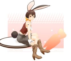 Rule 34 | animal ears, bad id, bad pixiv id, barcode, barcode tattoo, boots, brown eyes, brown hair, high heel boots, high heels, nanahime, rabbit ears, rabbit tail, short hair, sitting, smile, solo, tail, tattoo