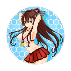 Rule 34 | 1girl, arms behind head, arms up, bikini, bikini top only, blue background, blush, breasts, brown hair, cleavage, collarbone, flower, hair flower, hair ornament, honeycomb background, kantai collection, large breasts, long hair, looking at viewer, open mouth, ozaki mirai, pink eyes, ponytail, red skirt, skirt, standing, swimsuit, white bikini, yamato (kancolle)