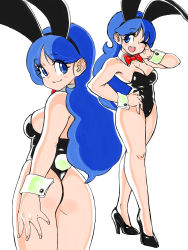 Rule 34 | 1girl, absurdres, animal ears, ass, backless leotard, bad id, bad twitter id, bare legs, bare shoulders, black footwear, black leotard, blue hair, bow, bowtie, breasts, cleavage, cowboy shot, cuffs, detached collar, dragon ball, dragon ball (classic), fake animal ears, from behind, full body, hand on own cheek, hand on own face, hand on own hip, high heels, highres, leotard, long hair, looking at viewer, lunch (dragon ball), lunch (good) (dragon ball), medium breasts, multiple views, one eye closed, open mouth, playboy bunny, rabbit ears, rabbit tail, red neckwear, smile, tail, toshinoshin