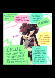 Rule 34 | 1girl, armor, bike shorts, callie (splatoon), comic, cosplay, covering own mouth, earrings, embarrassed, english text, fingerless gloves, gloves, gomipomi, hair ornament, highres, jewelry, laughing, looking away, midriff, navel, nintendo, out of character, pointy ears, solo, speech bubble, splatoon (series), splatoon 2, sunglasses, takozonesu, takozonesu (cosplay), tentacle hair, text focus, vest