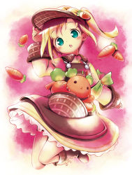 Rule 34 | 1girl, aikei ake, animal, apron, arm up, blush, boots, brown apron, brown dress, brown footwear, brown hat, carrot hair ornament, collared dress, cross-laced footwear, dress, food-themed hair ornament, full body, green eyes, hair ornament, hat, head tilt, highres, knee boots, lace-up boots, long sleeves, looking at viewer, one side up, original, parted lips, solo, visor cap