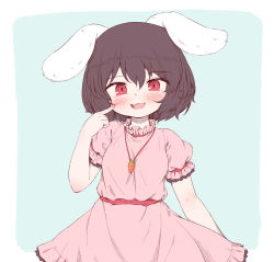 Rule 34 | 1girl, :3, :d, animal ears, aqua background, arinu, black hair, carrot necklace, dress, floppy ears, highres, inaba tewi, jewelry, looking at viewer, necklace, open mouth, outside border, pink dress, rabbit ears, red eyes, short hair, short sleeves, simple background, smile, solo, standing, touhou