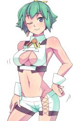 Rule 34 | 10s, 1girl, aquarion (series), aquarion evol, breasts, cleavage, cleavage cutout, clothing cutout, green hair, hair ribbon, hand on own hip, highres, large breasts, looking at viewer, midriff, navel, no panties, one eye closed, ossan 331, revealing clothes, ribbon, short hair, short shorts, shorts, smile, solo, wink, wrist cuffs, zessica wong