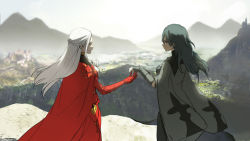 Rule 34 | 2girls, black coat, blurry, blurry background, byleth (female) (fire emblem), byleth (fire emblem), cape, castle, cliff, coat, edelgard von hresvelg, eye contact, fire emblem, fire emblem: three houses, gloves, green hair, highres, kisetsu, long hair, looking at another, mountain, mountainous horizon, multiple girls, nintendo, open mouth, outstretched arm, red cape, red gloves, smile, standing, yuri
