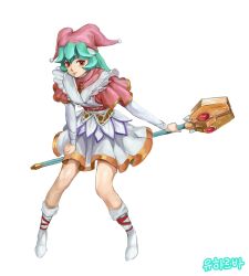 Rule 34 | 1girl, bare legs, cosplay, freckleliliofe, full body, green hair, hair ornament, hairpin, hat, highres, jester cap, langrisser, langrisser iv, long hair, mega man (series), mega man x (series), mega man x dive, mega man zx, pandora (mega man), red eyes, robot ears, schelfaniel (langrisser), schelfaniel (langrisser) (cosplay), shoes, simple background, skirt, smile, solo, staff, twintails, white background, white skirt