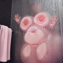 Rule 34 | 1girl, 3d, absurdres, against glass, blurry, breast press, breasts, breasts on glass, covered face, fat, glass, hand on glass, highres, huge breasts, huge nipples, navel, nude, original, plump, shower (place), shubijubi, solo, towel, towel rack, wet
