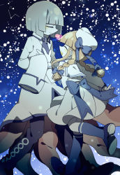 Rule 34 | 1boy, 1girl, absurdres, black footwear, blonde hair, blue bow, blue hair, blue neckwear, blue ribbon, boots, bow, braid, closed eyes, closed mouth, constellation, dancing, dress, fukami (funamusea), full body, funamusea, highres, leg up, long sleeves, looking at another, monster boy, necktie, night, night sky, octopus boy, oounabara to wadanohara, open mouth, outdoors, ribbon, school uniform, shirt, shoes, skirt, sky, sleeves past fingers, sleeves past wrists, smile, socks, star (sky), tentacles, twin braids, wadanohara, white dress, white shirt, white skirt, woshiab
