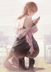 Rule 34 | 1girl, alternate costume, ass, ass grab, azur lane, bare shoulders, black footwear, black pantyhose, black skirt, blush, book, breasts, brown hair, closed mouth, from behind, glance, glasses, grabbing own ass, hand on own ass, high heels, holding, holding book, implacable (azur lane), implacable (shepherd of the &quot;lost&quot;) (azur lane), large breasts, long hair, long sleeves, looking at viewer, looking back, off shoulder, official alternate costume, pantyhose, red eyes, sea nami, shirt, shirt tucked in, signature, skirt, smile, solo, squatting, very long hair, white shirt