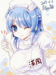 Rule 34 | 10s, 1girl, blue eyes, blue hair, breasts, commentary request, dated, double bun, elbow gloves, gloves, hat, kantai collection, large breasts, miuku (marine sapphire), name tag, nurse, nurse cap, one eye closed, puffy short sleeves, puffy sleeves, short sleeves, signature, smile, suppository, urakaze (kancolle)