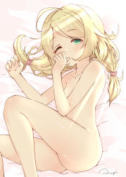 Rule 34 | artist request, blonde hair, breasts, green eyes, highres, nude, one eye closed, small breasts, thumb sucking, twintails