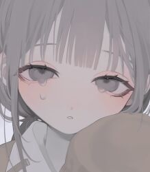 Rule 34 | 1girl, blunt bangs, blush, brown sweater, collared shirt, commentary, crying, crying with eyes open, grey background, grey eyes, grey hair, hand up, highres, long hair, long sleeves, looking at viewer, low twintails, original, pale skin, parted lips, portrait, shirt, sidelocks, simple background, sleeves past fingers, sleeves past wrists, solo, sweater, symbol-only commentary, tears, teeth, twintails, yuanyuann