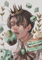 Rule 34 | 1boy, absurdres, brooch, brown eyes, brown hair, collared shirt, commentary, crown, cupcake, earrings, fatalbug896, food, green flower, grey background, hair between eyes, highres, ascot, jewelry, leaf, looking at viewer, macaron, male focus, mini crown, nichts (fatalbug896), open mouth, original, pancake, plant, portrait, shirt, short hair, signature, solo, symbol-only commentary, whipped cream, white shirt