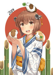 Rule 34 | 1girl, absurdres, alternate costume, animal, animal print, bad id, bad pixiv id, bamboo, brown eyes, brown hair, clover, commentary request, four-leaf clover, guinea pig, headgear, highres, holding, holding animal, japanese clothes, kantai collection, kimono, looking at viewer, obi, open mouth, osananajimi neko, revision, sash, short hair, solo, speaking tube headset, upper body, white kimono, yukikaze (kancolle)