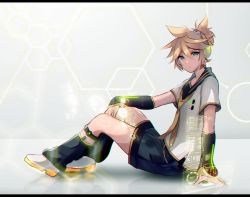 Rule 34 | 1boy, arm warmers, bass clef, belt, black collar, black legwear, blonde hair, blue eyes, collar, commentary, ei flow, english commentary, expressionless, full body, hand on own knee, headphones, hexagon, holographic interface, kagamine len, kagamine len (vocaloid4), leg warmers, looking at viewer, male focus, necktie, parted lips, sailor collar, school uniform, shirt, shoes, short hair, short ponytail, short sleeves, shorts, sitting, solo, spiked hair, vocaloid, white shirt, yellow necktie