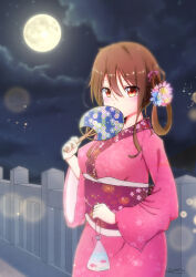 Rule 34 | 1girl, 22/7, absurdres, blush, bow, braid, braided hair rings, brown eyes, brown hair, cloud, cloudy sky, covering own mouth, cowboy shot, fan to mouth, fish, floral print kimono, full moon, furoggu-gaburi, goldfish, hair between eyes, hair bow, hand fan, highres, holding, holding fan, japanese clothes, kimono, lens flare, long hair, looking at viewer, moon, night, night sky, outdoors, pink bow, pink kimono, red sash, sash, sky, solo, tachikawa ayaka, twin braids, two side up, yukata