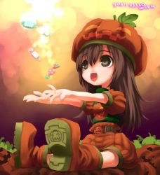 Rule 34 | 00s, 1girl, 2007, bad id, bad pixiv id, belt, boots, brown eyes, brown hair, candy, child, food, food-themed clothes, halloween, hat, jack-o&#039;-lantern, open mouth, puffy sleeves, pumpkin, sankaku (pixi5000), shiden, shorts, sitting, solo