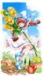 Rule 34 | 1girl, ;d, arm up, blue bow, blue footwear, blue gloves, blue sky, blush, bow, braid, brick, brown eyes, brown hair, cloud, day, dorothy (teria saga), dress, fence, floating clothes, flower, gloves, hair bow, highres, kawanobe, long hair, looking at viewer, one eye closed, open mouth, outdoors, picnic basket, plant, potted plant, sky, smile, solo, standing, summer, sundress, sunflower, teria saga, twin braids, twintails, watering can, white dress