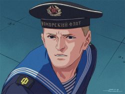 Rule 34 | 1boy, blonde hair, blue eyes, dated, derivative work, hammer and sickle, horikou, male focus, manly, meme, real life, sailor, sailor moon redraw challenge (meme), shirt, signature, solo, soviet navy, striped clothes, striped shirt, telnyashka